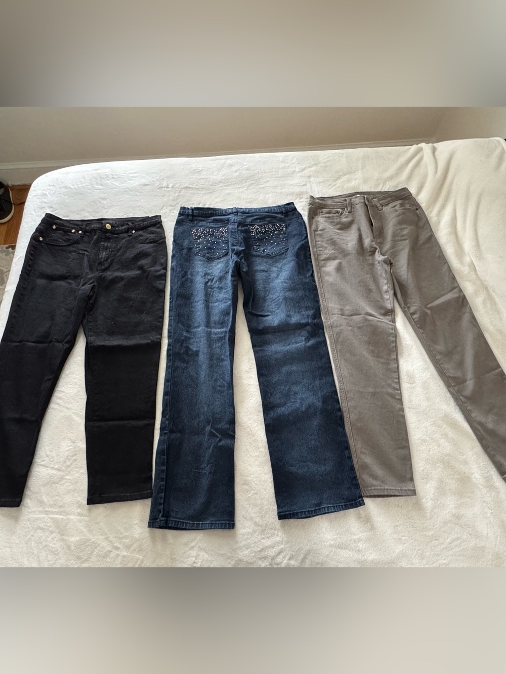 3 pair - DG2 by Diane Gilman Bootcut Jeans Trio in Black, Blue w Sequins & Brown